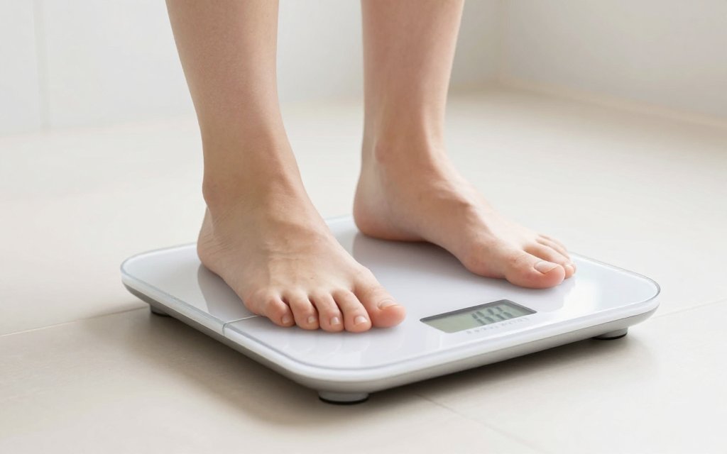 Adult stepping on a body composition scale to track GLP 1 muscle loss during weight loss.