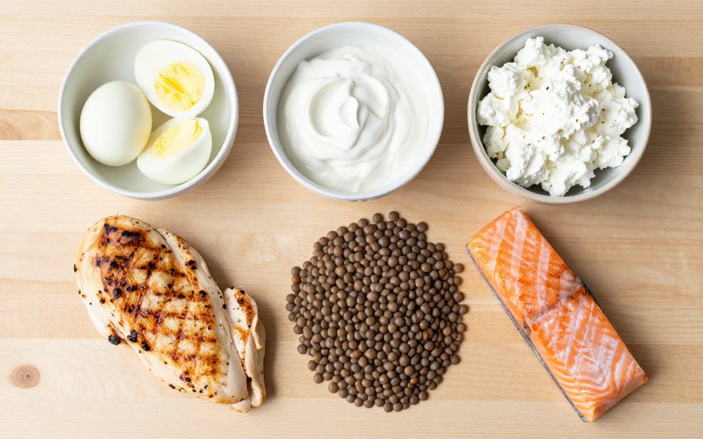 Top down flat lay of a high protein diet with eggs, chicken, yogurt and salmon on a table.