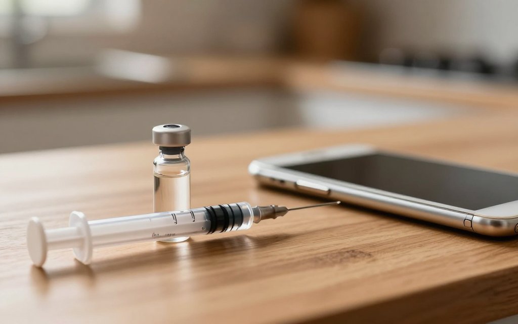 Insulin syringe and peptide vial beside a phone for tracking doses, protein and weight.