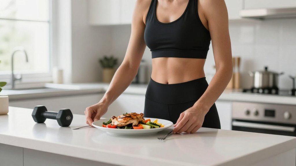 Athletic adult with a high protein meal and a dumbbell, illustrating protein and training against GLP 1 muscle loss.