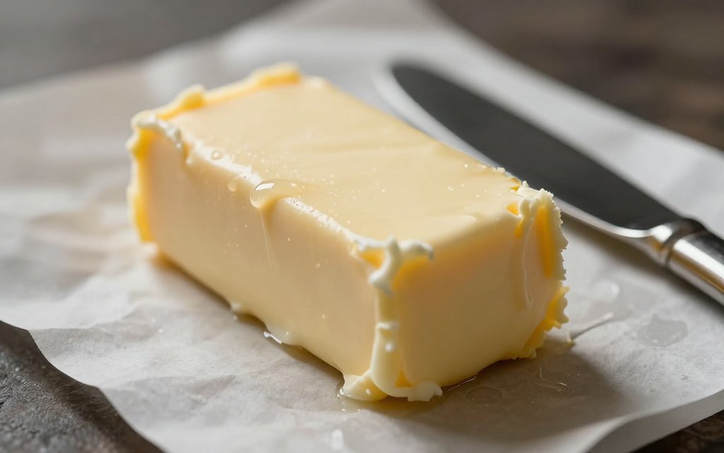 Macro close-up of one unwrapped stick of butter, which weighs 113 grams