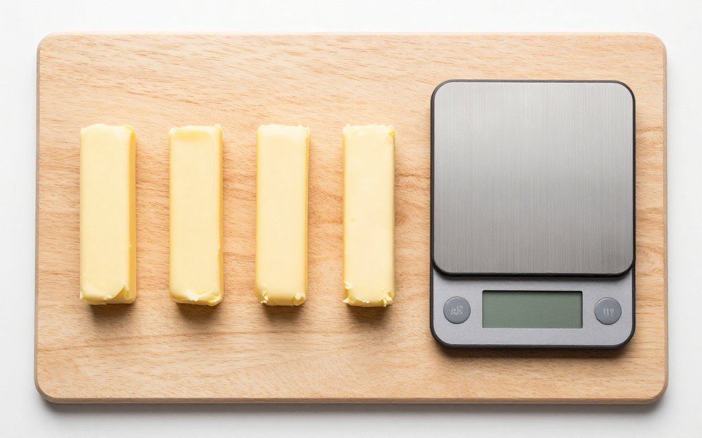 Top-down butter conversion chart layout with four sticks and a gram scale