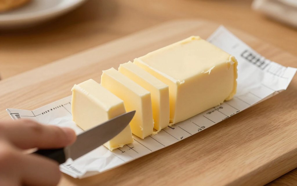 A stick of butter sliced into tablespoon pats showing how many tablespoons in a stick