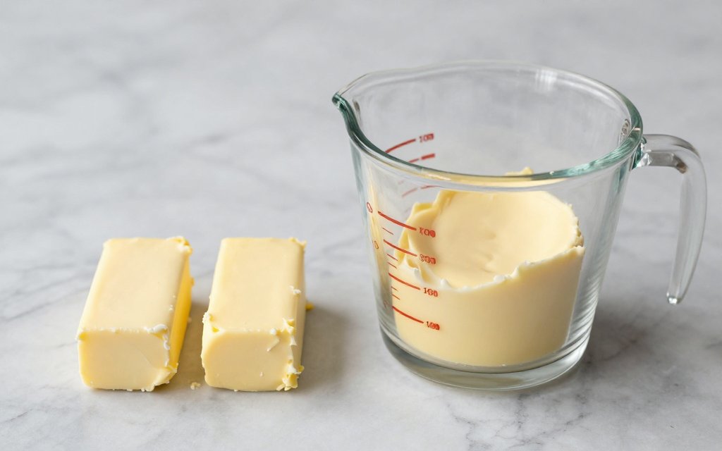 Two butter sticks beside a full measuring cup showing sticks of butter in one cup