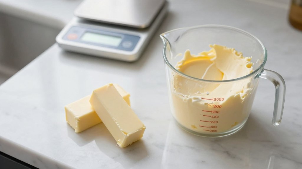 Butter sticks and a measuring cup on a marble counter illustrating a butter conversion chart