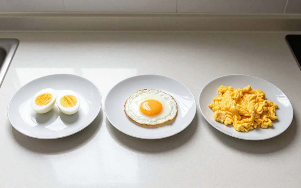 Boiled, fried, and scrambled eggs compared for egg calories by cooking method