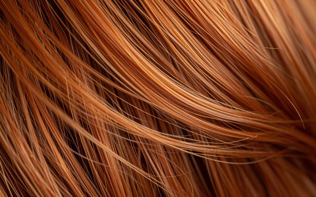 Macro close-up of caramel and copper strands, a hair color for warm skin tone