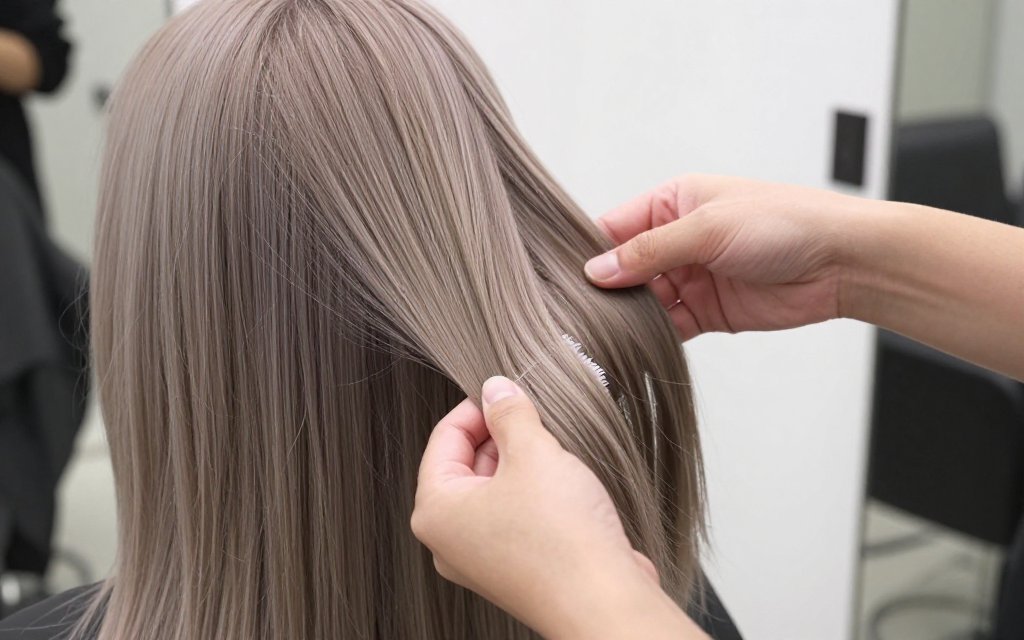 Stylist matching ash blonde shades to cool fair skin at a salon station