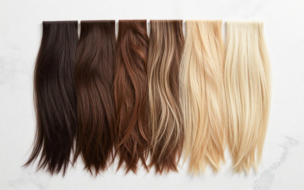 Flat lay of hair swatches from dark brown to platinum showing color levels