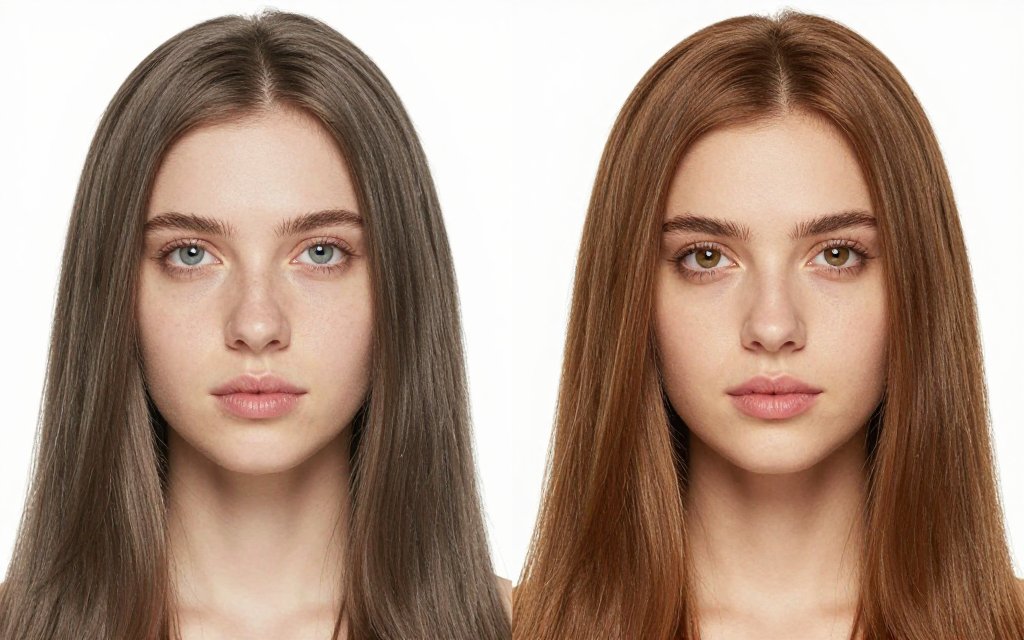 Before and after comparison of cool ash brown and warm honey brown shades on one face
