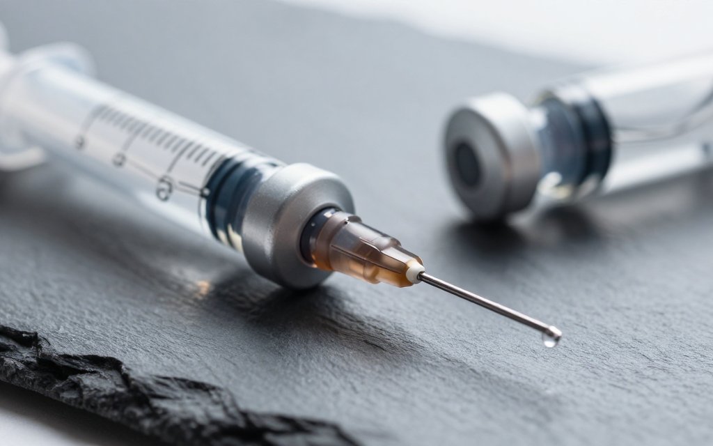 Macro of a tirzepatide vial and insulin syringe, the context for common injection side effects.