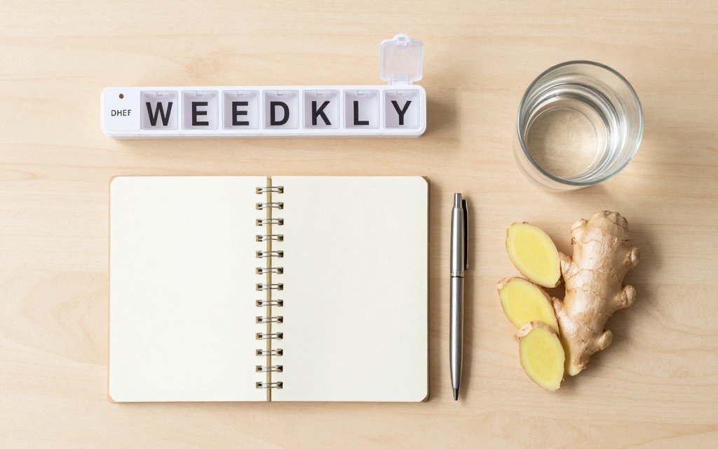 Flat lay of a dose log and ginger, everyday tools for tracking GLP 1 side effects.