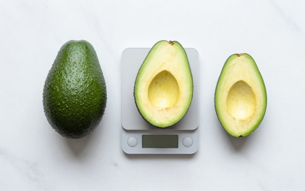 Whole and halved avocado by a scale showing how avocado calories change by serving size.