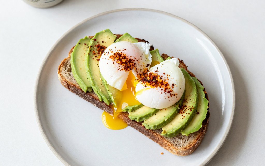 Avocado toast with egg on a plate showing avocado nutrition facts in a real meal.