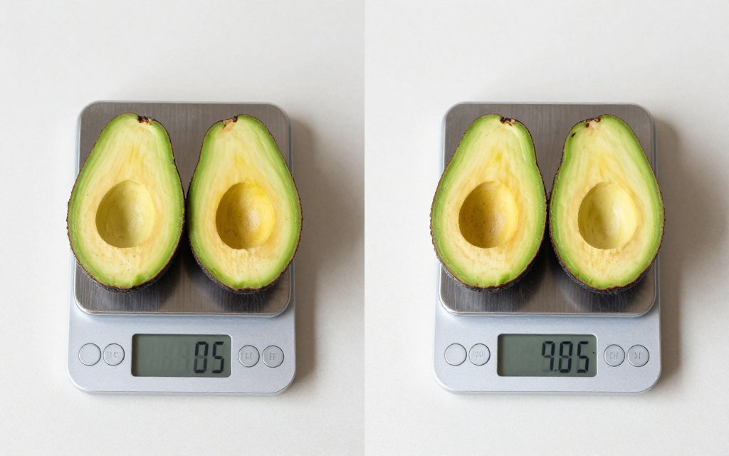 Half an avocado beside a food scale showing how to weigh avocado for weight loss.