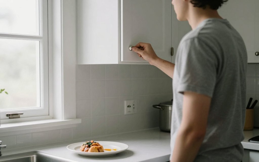 A person calmly stepping away from snacks, illustrating quieter cravings on a GLP-1.
