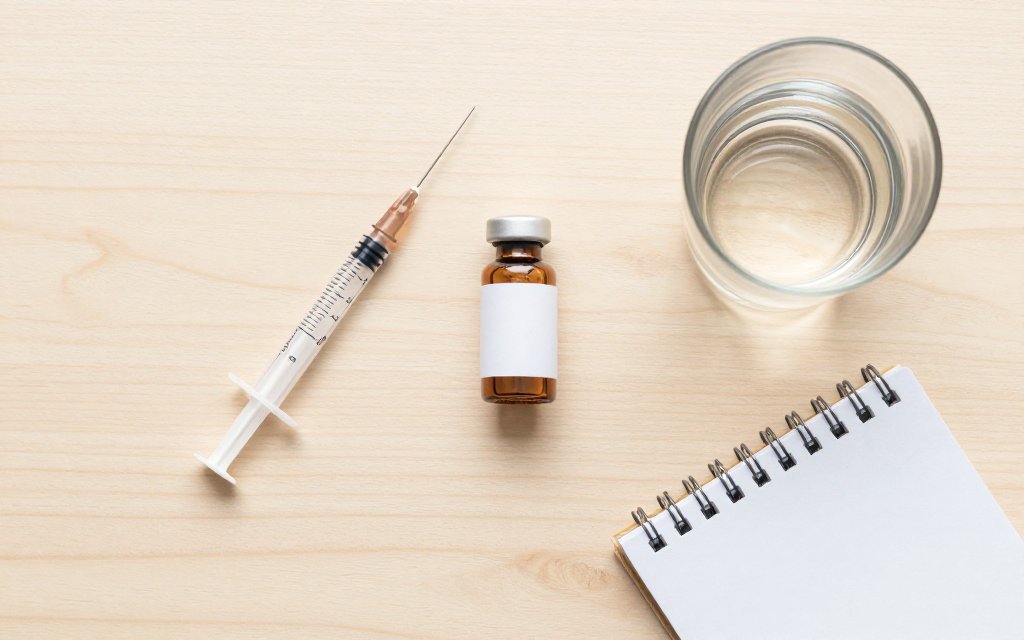 Flat lay of a vial, syringe, and log used to track cravings and doses.