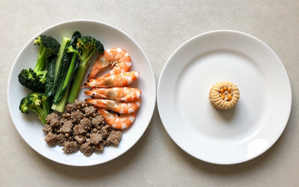 Two plates compared, a protein meal beside a sugary snack, about food cravings.