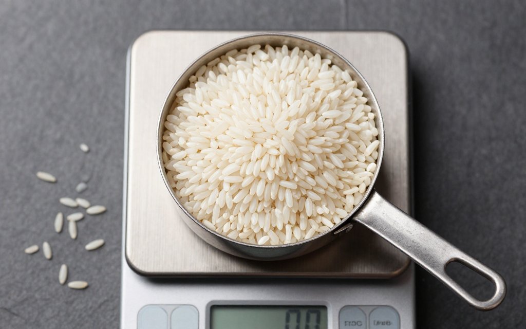Cup of dry white rice on a scale showing how many grams in a cup of rice.