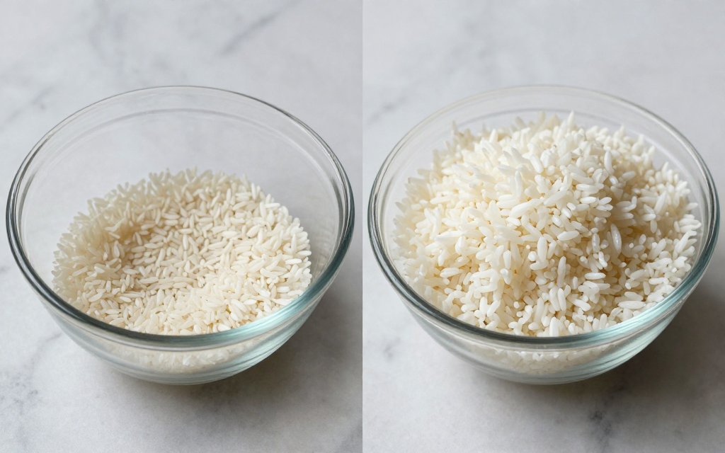 Dry rice versus cooked rice comparison showing uncooked rice to cooked rice expansion.