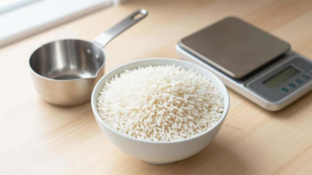 Uncooked white rice in a bowl with a measuring cup and digital scale showing rice portion size by weight.