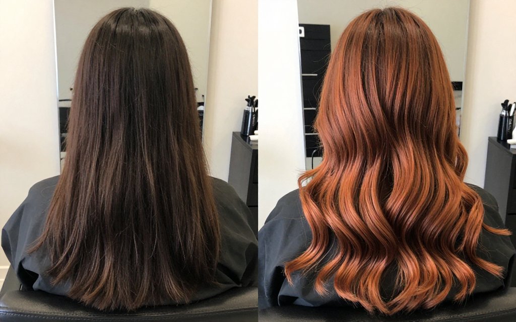 Before and after comparison of brunette hair transformed with copper balayage