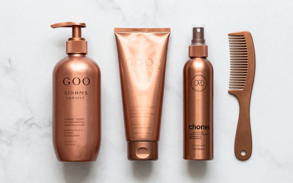 Flat-lay of sulfate-free products used to keep copper color from fading