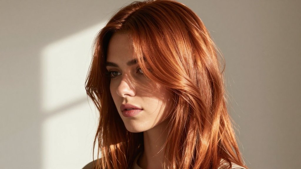 Woman with dimensional copper hair color blending cowboy copper roots and auburn ends