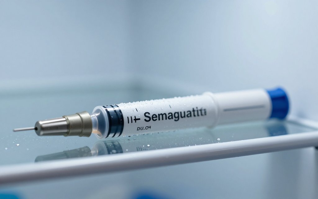 Macro shot of a semaglutide pen on a fridge shelf showing GLP-1 refrigeration storage.