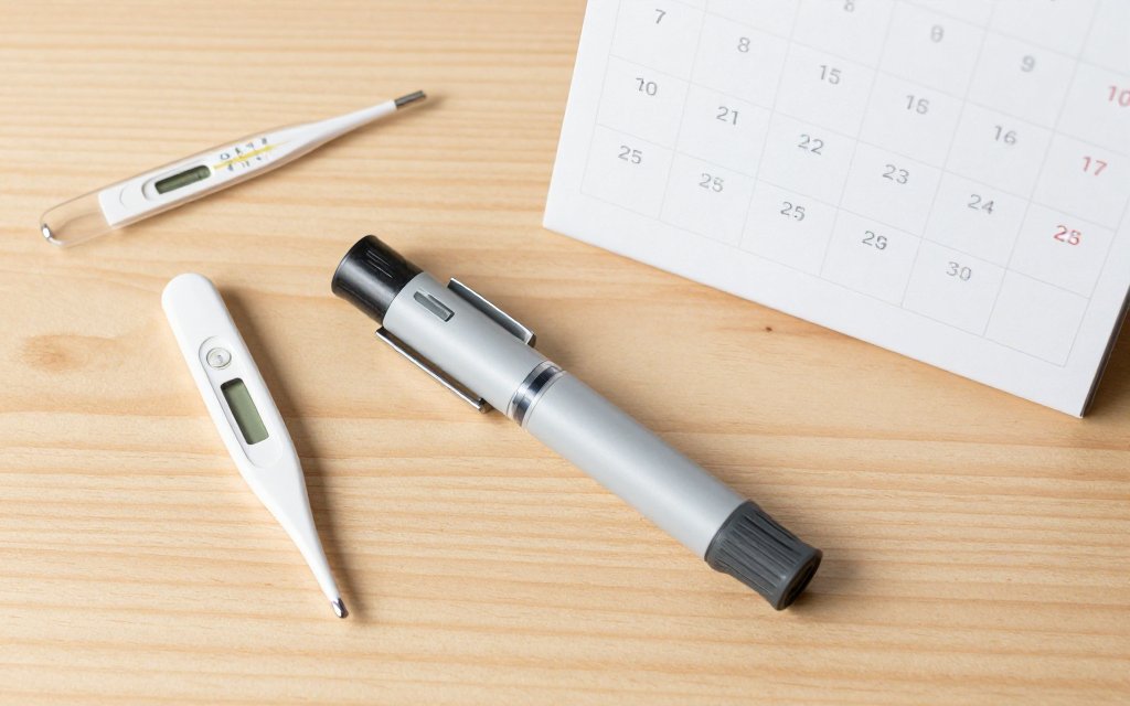 Flat lay of a GLP-1 pen, thermometer and calendar for tracking room-temperature storage days.