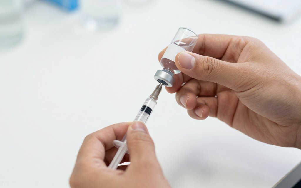 Hands reconstituting a semaglutide vial showing compounded GLP-1 storage preparation.
