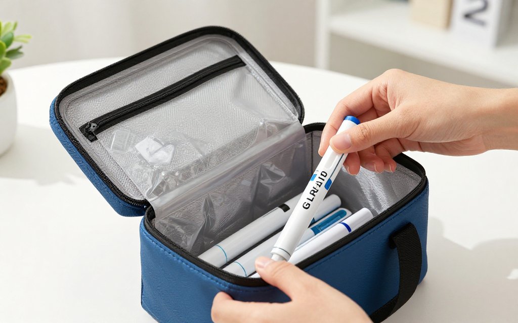 Traveler packing GLP-1 pens in an insulated cooler to keep them refrigerated on the go.