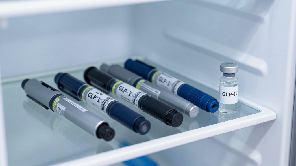 GLP-1 injection pens on a cold refrigerator shelf illustrating whether Ozempic needs to be refrigerated.