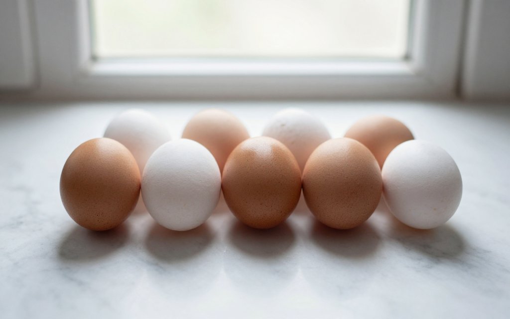 Row of chicken eggs showing how much protein in an egg varies by size