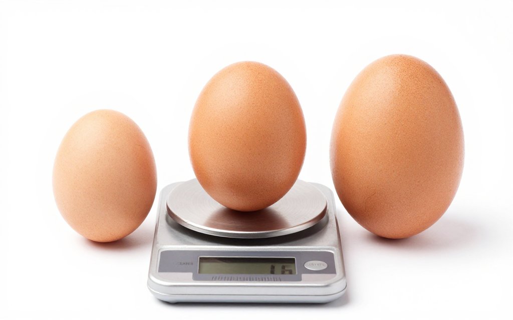 Small, large, and jumbo eggs by a scale for an egg size chart