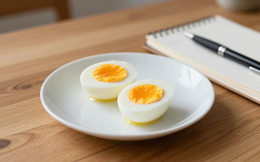 Boiled eggs beside a food journal for tracking egg calories and protein