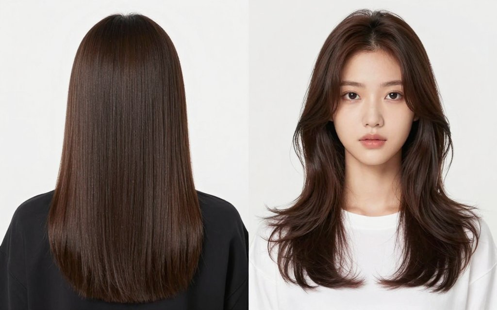 Long wavy layers softening a square face compared with straight hair