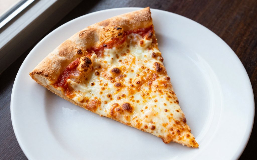 Top down cheese slice showing the nutritional value of a slice of pizza