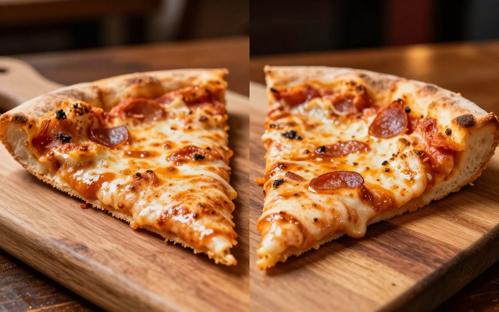 Thin crust slice beside a deep dish slice comparing calories by crust