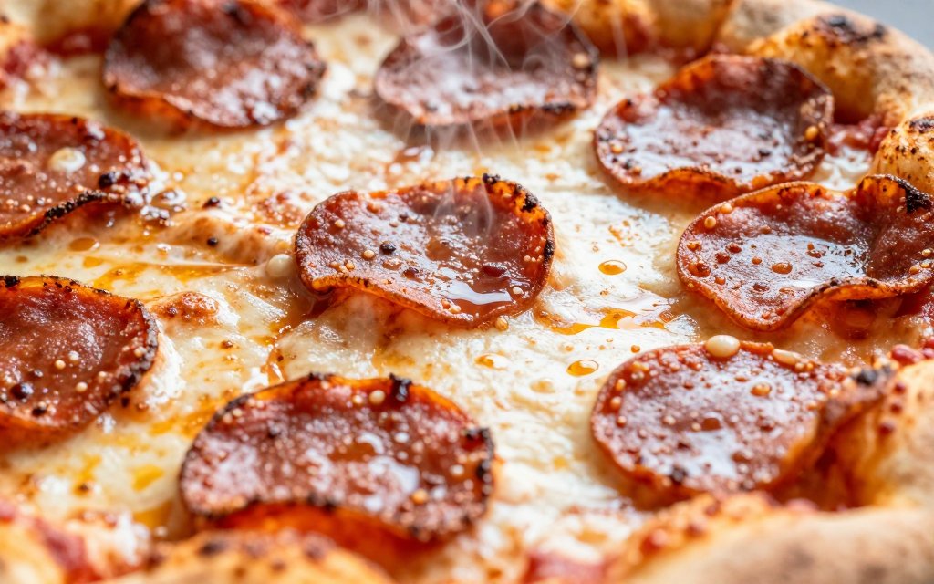 Macro close up of a pepperoni pizza slice showing its cheese and oil