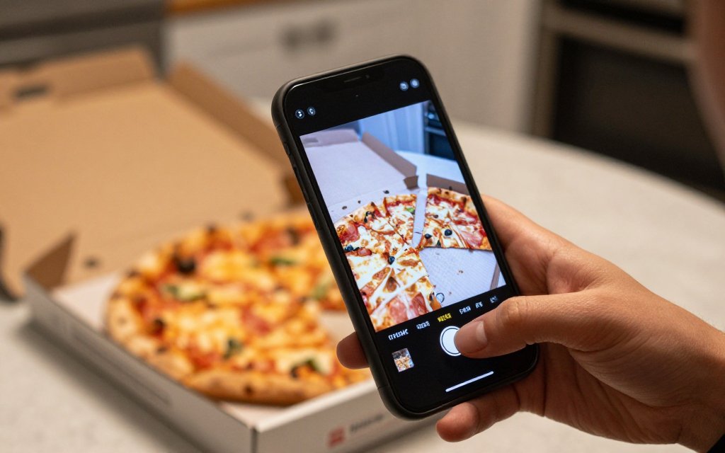 Person photographing pizza slices to check pizza slice nutrition on a phone
