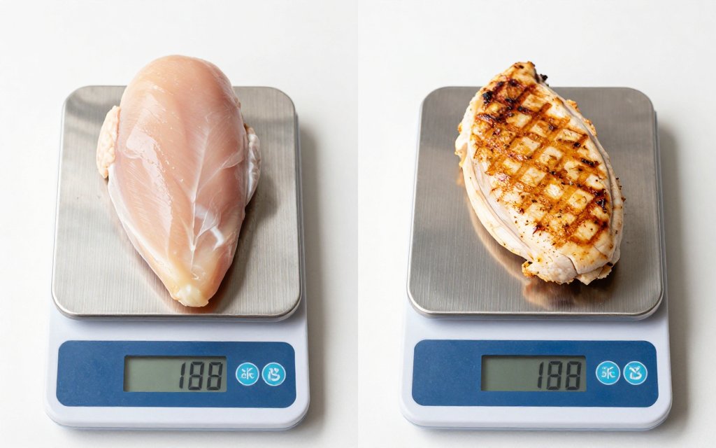 Raw and cooked chicken breast on kitchen scales showing the chicken breast calories difference