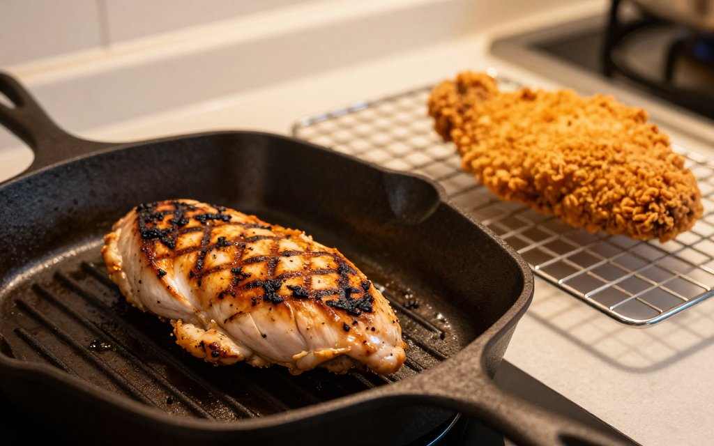 Grilled chicken breast beside a fried breast comparing grilled chicken breast calories