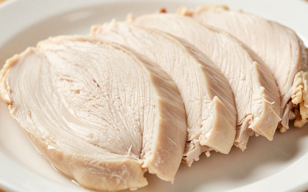 Sliced cooked chicken breast showing lean chicken breast protein and macros