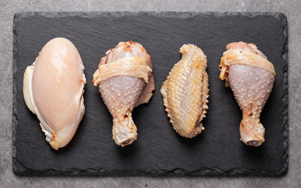 Chicken breast, thigh, wing and drumstick cuts compared for calories and protein