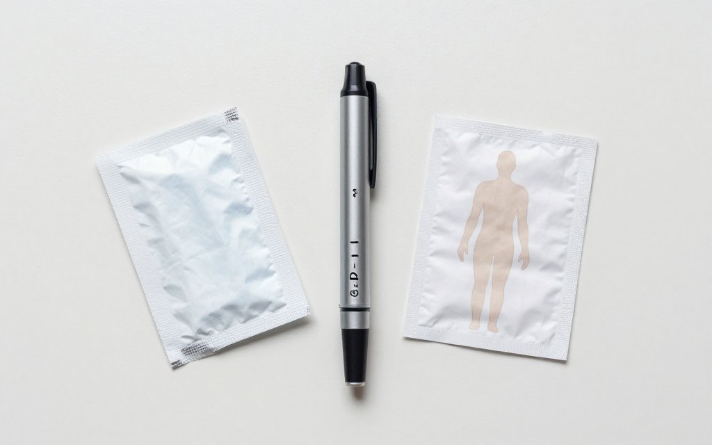 Flat lay of a GLP-1 pen and swabs illustrating ozempic injection sites