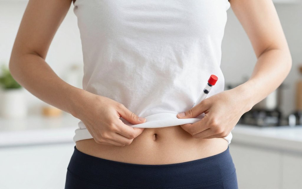 Person demonstrating how to inject semaglutide at a kitchen counter