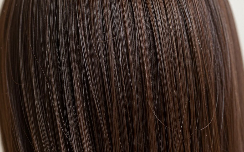 Macro close-up of glossy dark hair strands after a semi permanent hair gloss
