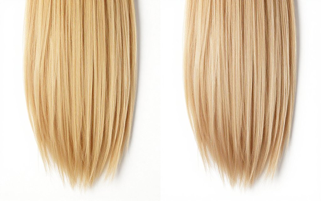 Before and after comparison of brassy hair and a toned clear hair gloss result