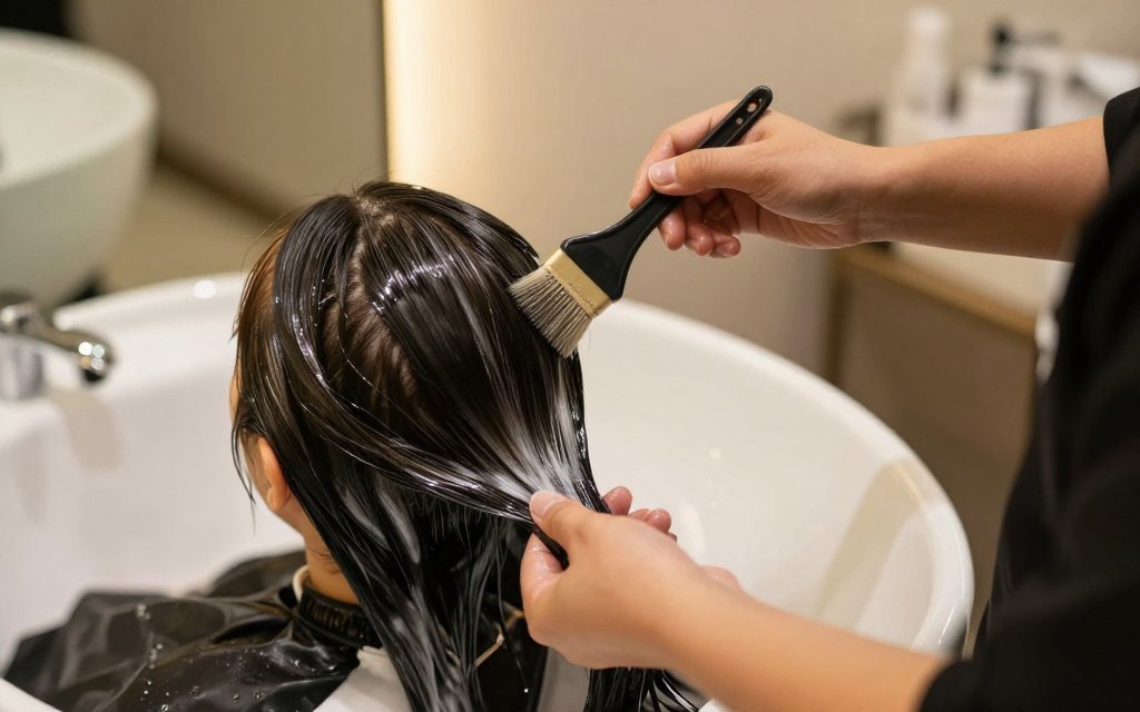 Stylist applying a treatment at a gloss hair salon backwash station